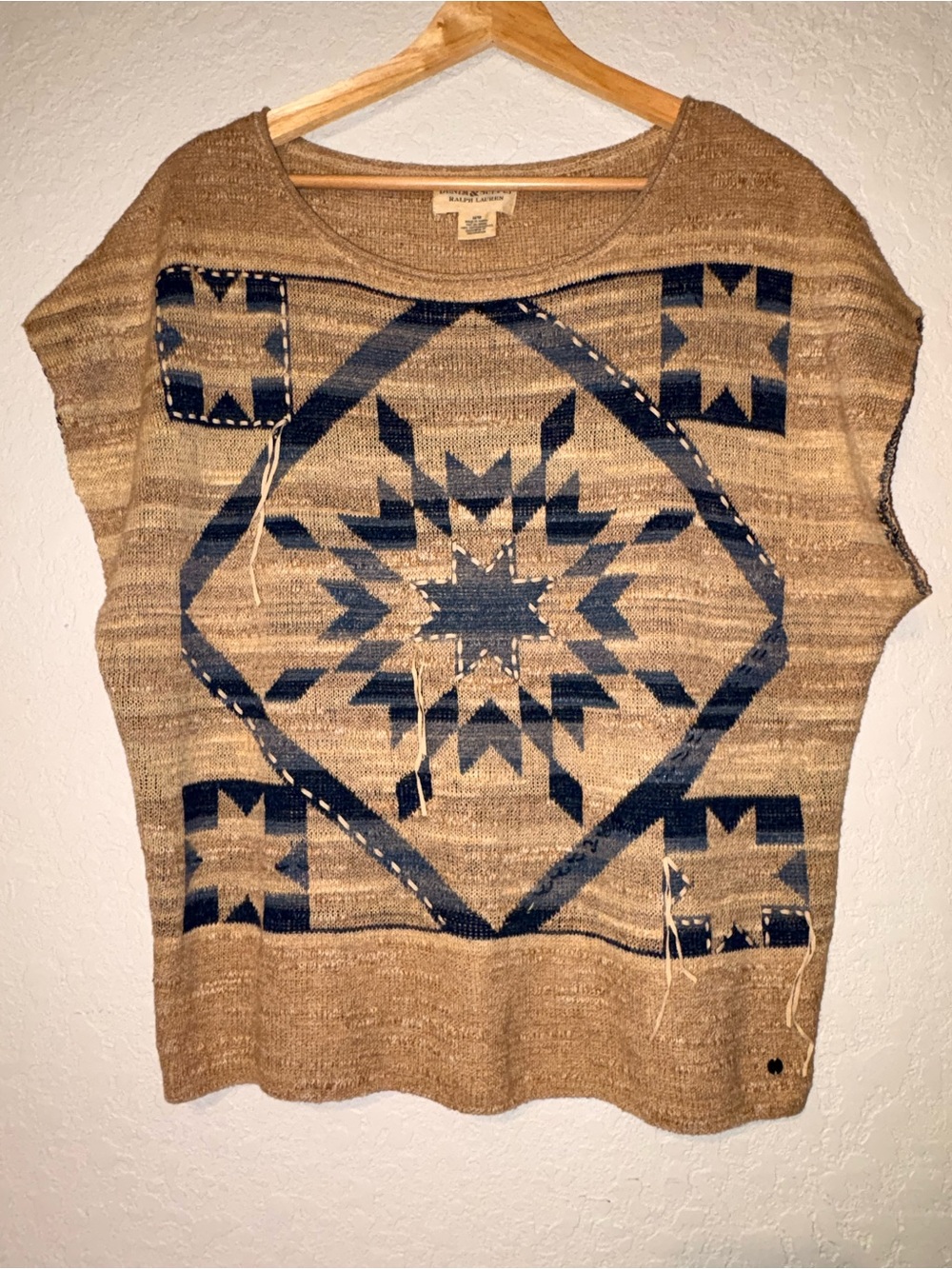 Denim & Supply Ralph Lauren Tan & Navy Geometric Knit Poncho Sweater